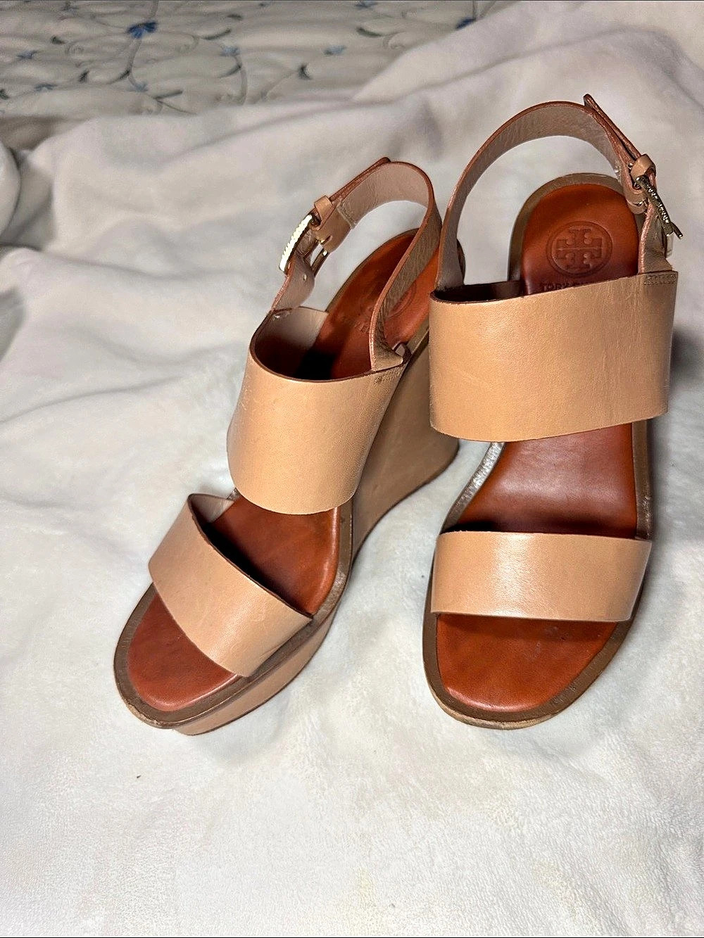 Tory Burch Leather-Look Wedge Sandals in Brown